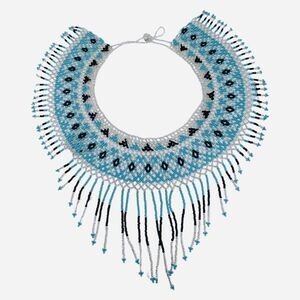 VTG Indigenous Yawanawa Blue Beaded Collar Bib Fringe Necklace 17" Bohemian